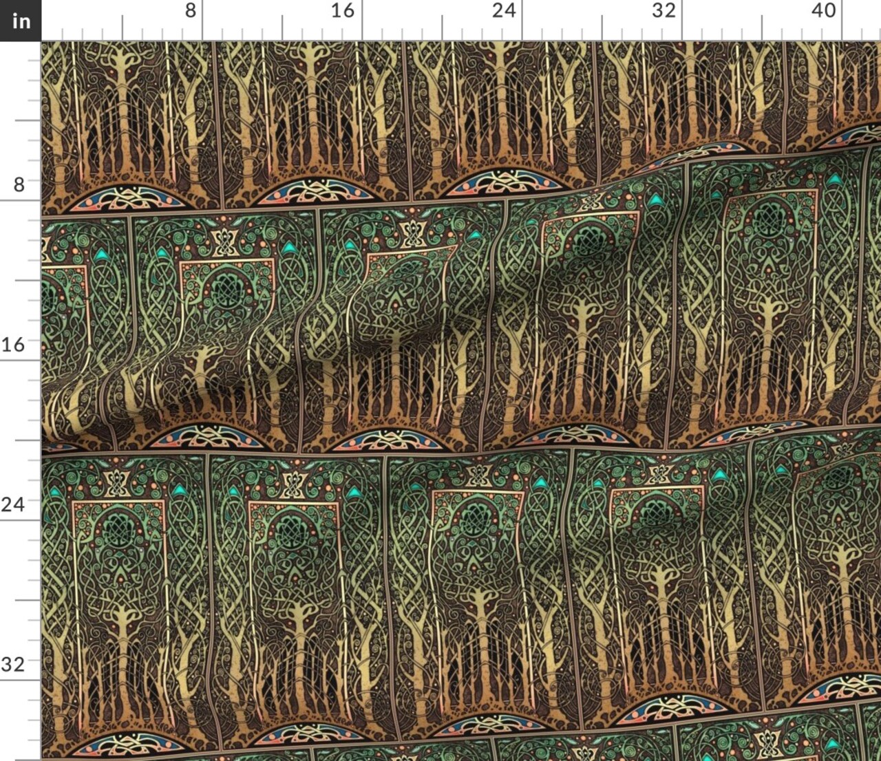 Green Blue Brown Tree Border Celtic Tanglewood Woodland Fairy tale Custom Printed Fabric by Spoonflower Various Fabrics by the Yard or Fat Quarter